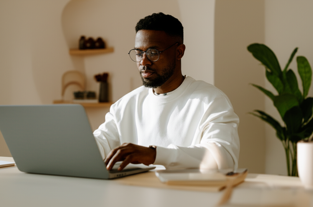 Professional marketer working on laptop